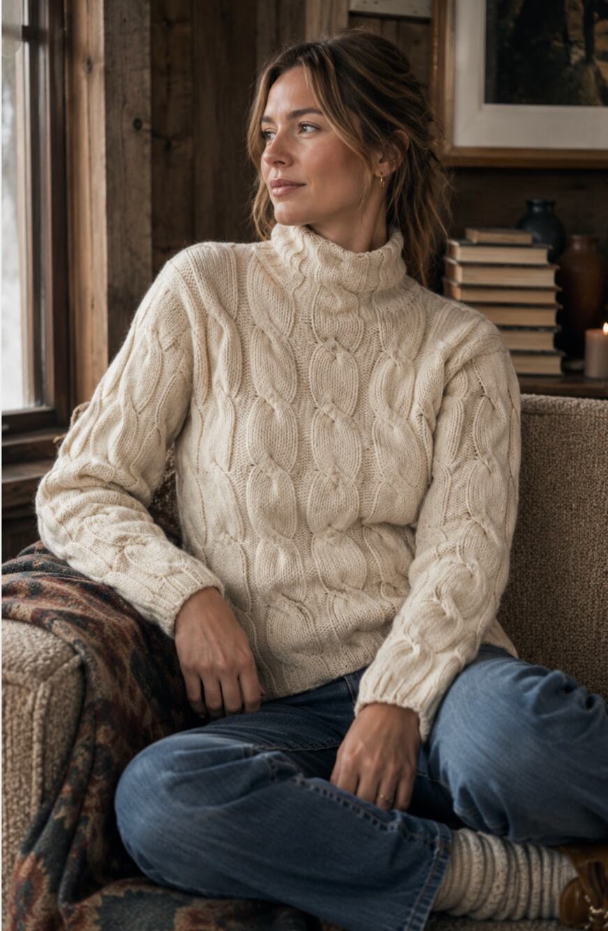 Eddie Bauer Vintage Fisherman Ribbed Lambswool Cream ModestTurtleneck SZ L